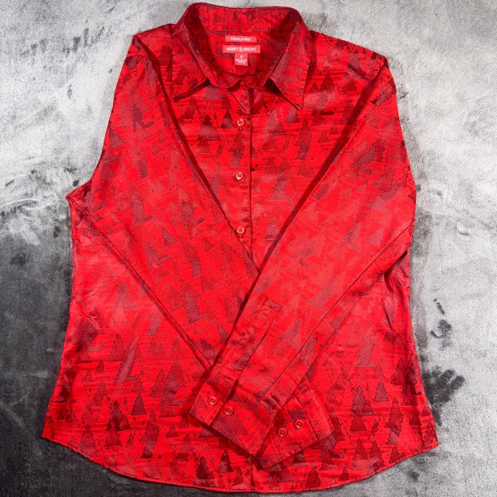 Merry & Bright Red Christmas Tree Jacquard Button Down Shirt Womens 10 Holiday
